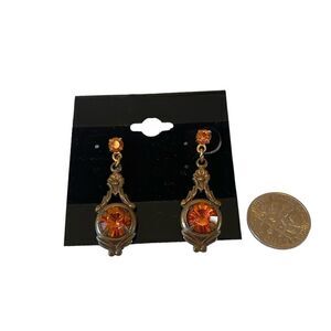 Sadie Green Vintage Faux Amber Stone & Antiqued Gold Tone Drop Earrings